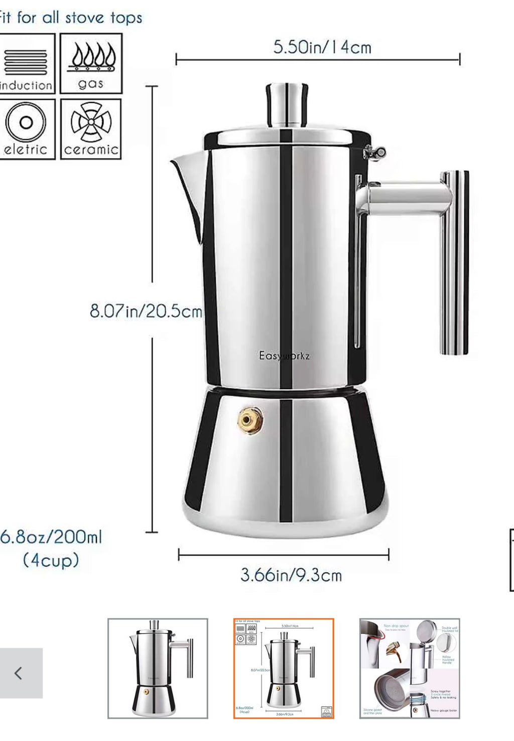 Italian Moka Top Espresso Maker Stainless Steel 6.8oz / 200ml