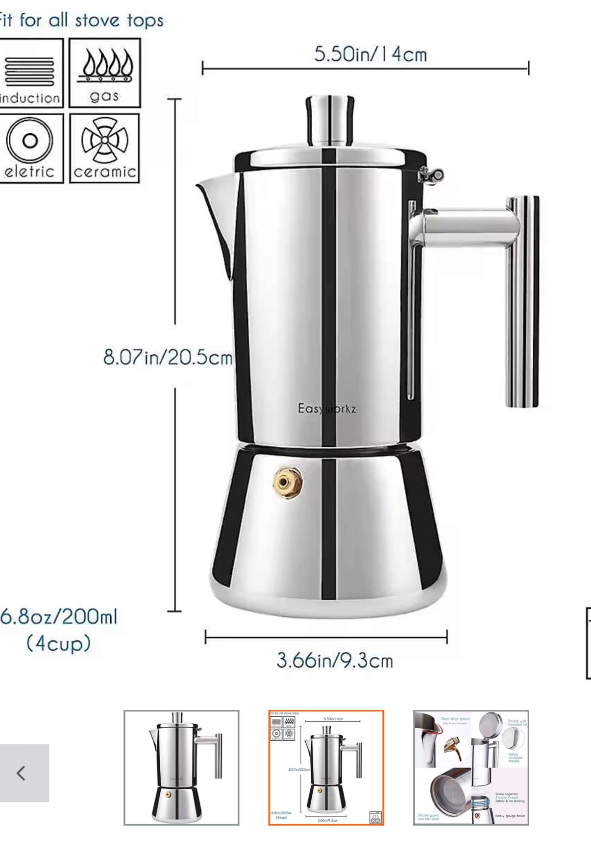 Italian Moka Top Espresso Maker Stainless Steel 6.8oz / 200ml