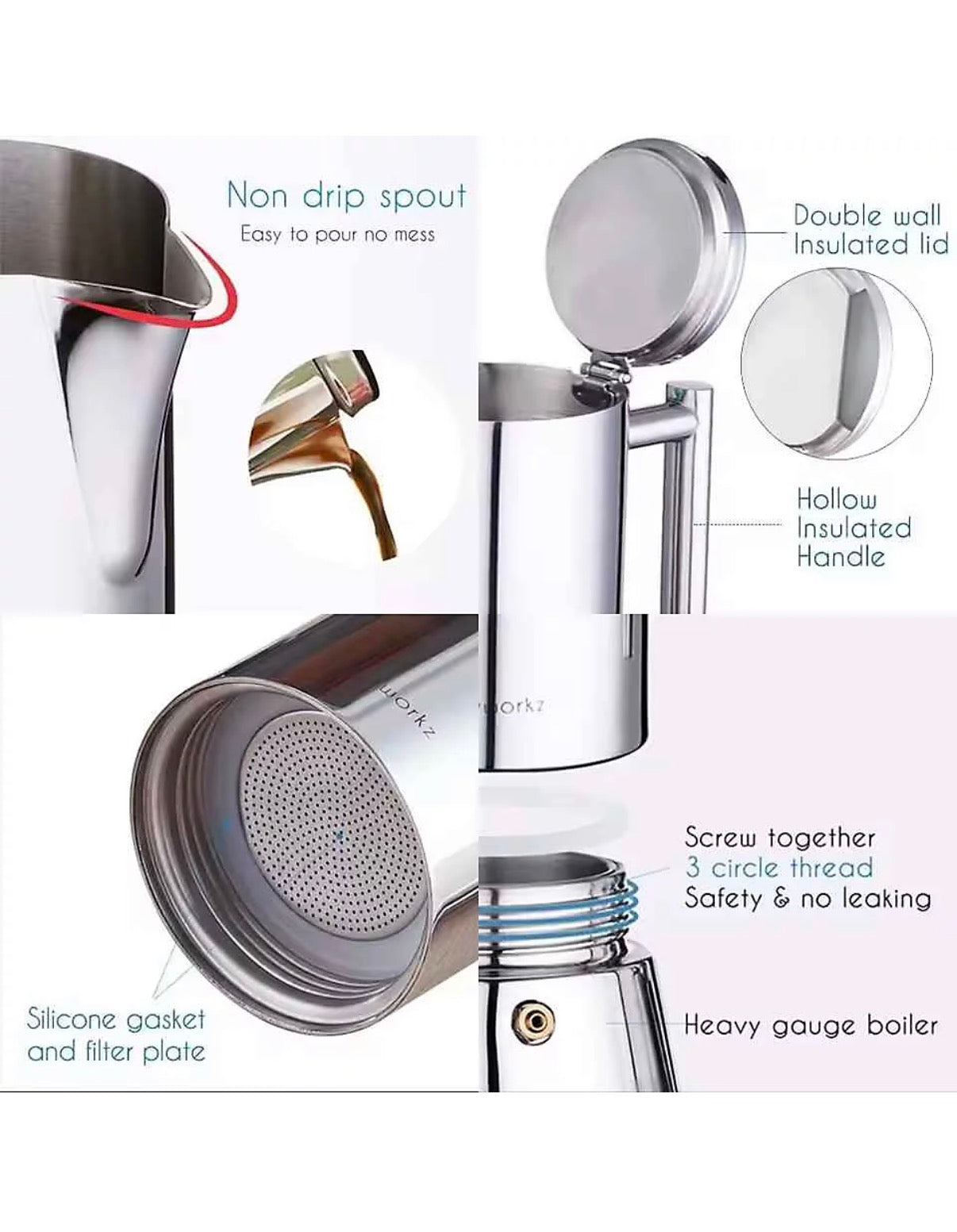 Italian Moka Top Espresso Maker Stainless Steel 6.8oz / 200ml